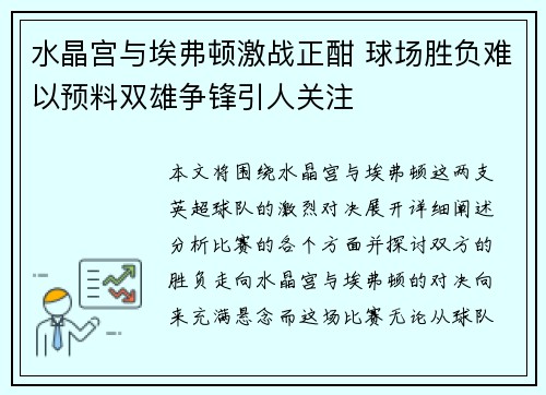 水晶宫与埃弗顿激战正酣 球场胜负难以预料双雄争锋引人关注