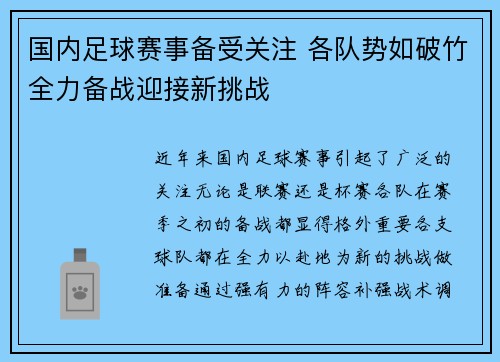 国内足球赛事备受关注 各队势如破竹全力备战迎接新挑战