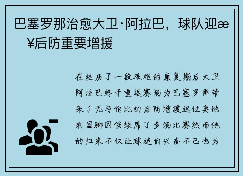 巴塞罗那治愈大卫·阿拉巴，球队迎来后防重要增援