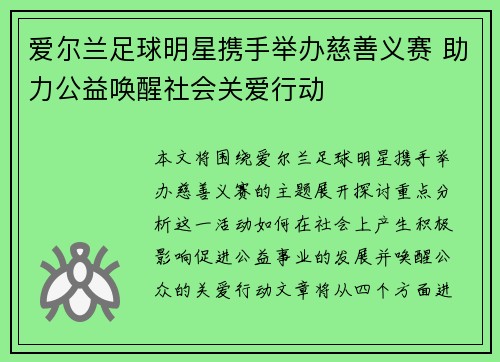 爱尔兰足球明星携手举办慈善义赛 助力公益唤醒社会关爱行动