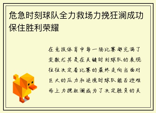 危急时刻球队全力救场力挽狂澜成功保住胜利荣耀
