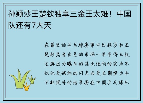 孙颖莎王楚钦独享三金王太难！中国队还有7大天
