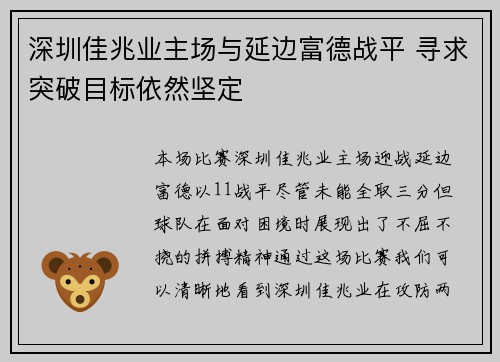 深圳佳兆业主场与延边富德战平 寻求突破目标依然坚定