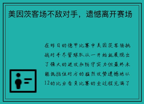 美因茨客场不敌对手，遗憾离开赛场