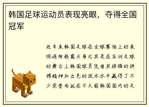 韩国足球运动员表现亮眼，夺得全国冠军