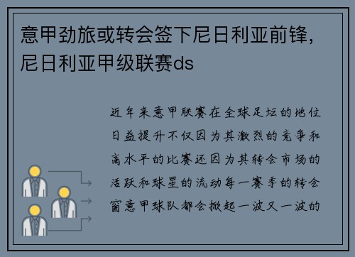 意甲劲旅或转会签下尼日利亚前锋，尼日利亚甲级联赛ds